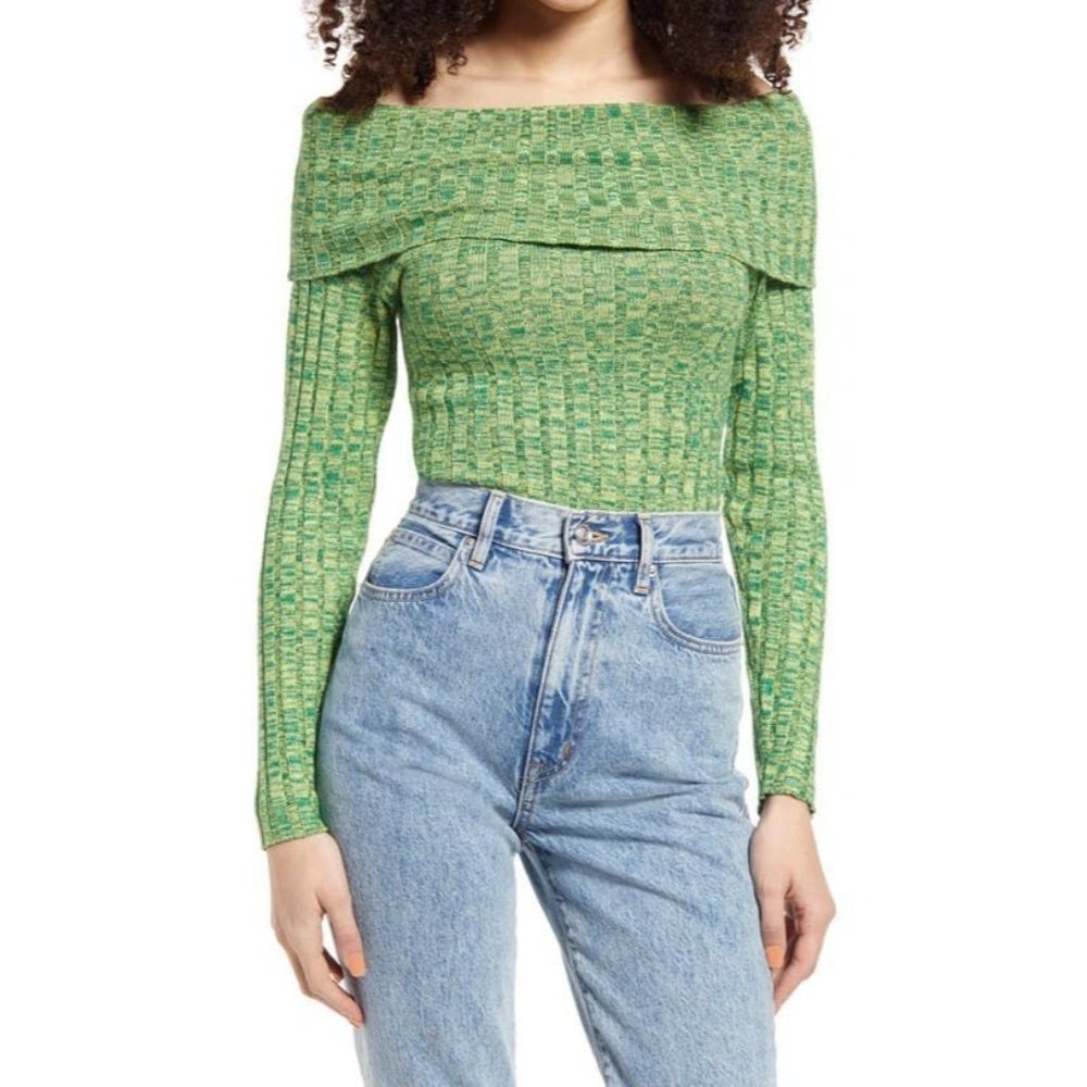 AFRM Womens Size M Off Shoulder Bodysuit Turtleneck Long Sleeve Marled Green